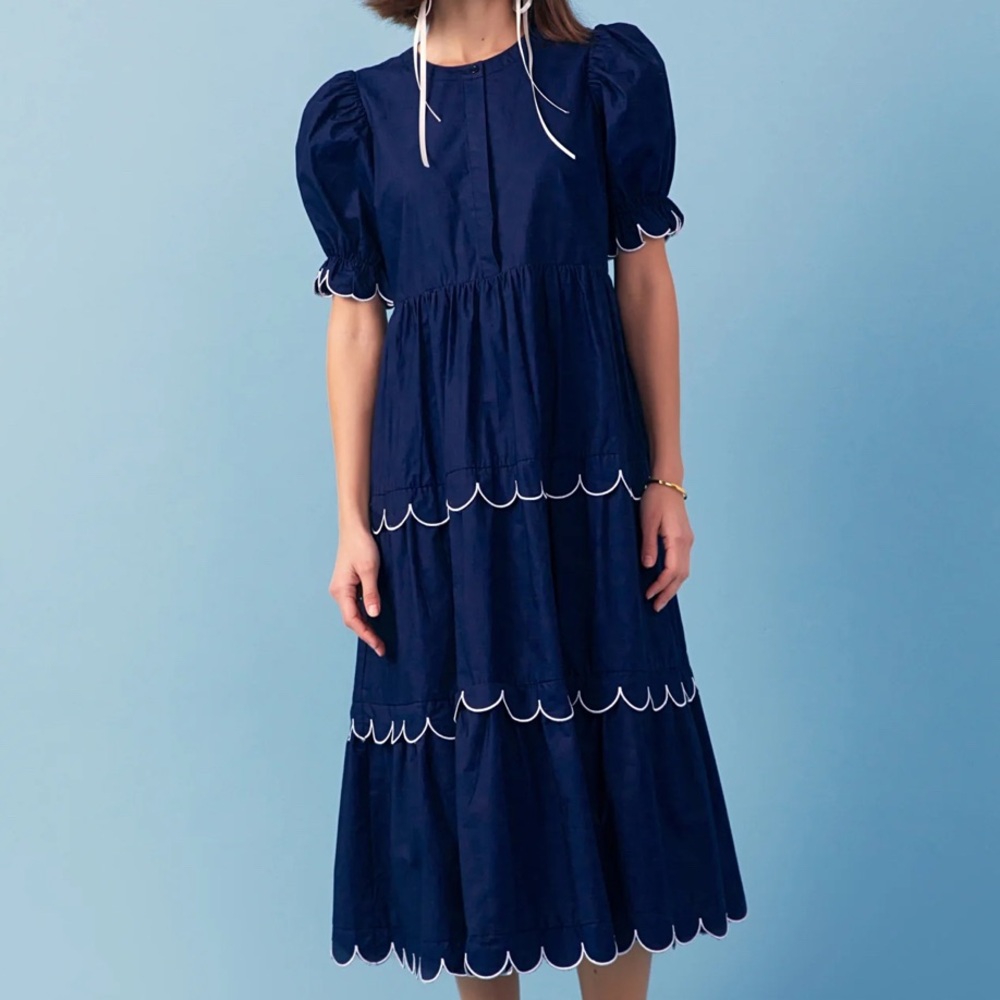 English Factory NAVY SCALLOPED EDGE MIDI DRESS